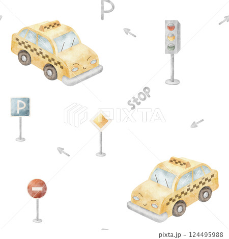 Watercolor pattern taxi car yellow, traffic light road signs. Seamless print children's transport in cartoon style. Illustration on background for design, fabric, baby clothes, textile cards wallpaper Watercolor pattern taxi car yellow, traffic light road signs. Seamless print children's transport in cartoon style. Illustration on background for design, fabric, baby clothes, textile cards wallpaper 124495988
