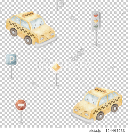 Watercolor pattern taxi car yellow, traffic light road signs. Seamless print children's transport in cartoon style. Illustration on background for design, fabric, baby clothes, textile cards wallpaper Watercolor pattern taxi car yellow, traffic light road signs. Seamless print children's transport in cartoon style. Illustration on background for design, fabric, baby clothes, textile cards wallpaper 124495988