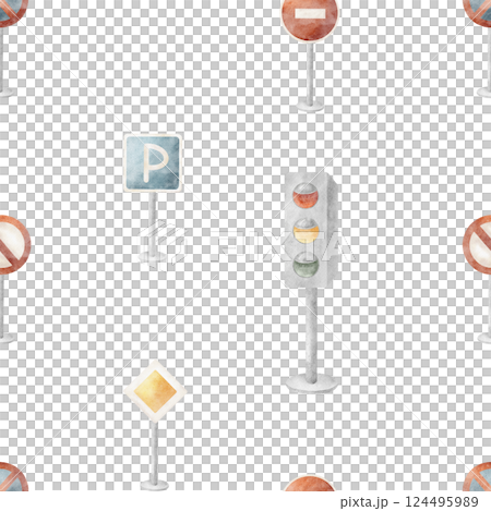 Watercolor pattern city road signs, traffic light. Seamless print educational children's cartoon style. Illustration on isolated background for design, fabric, baby clothes, textile, cards, wallpaper Watercolor pattern city road signs, traffic light. Seamless print educational children's cartoon style. Illustration on isolated background for design, fabric, baby clothes, textile, cards, wallpaper 124495989