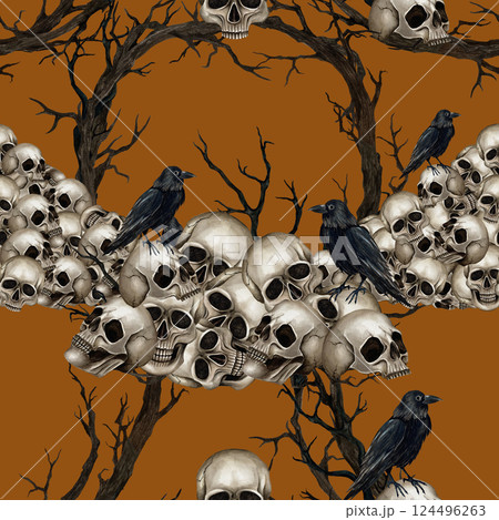 Pile of human skulls, black ravens, dry branches seamless pattern. Halloween Watercolor Illustration isolated on orange background. Gothic style for Day of the Dead packaging, textile, wrapping paper 124496263