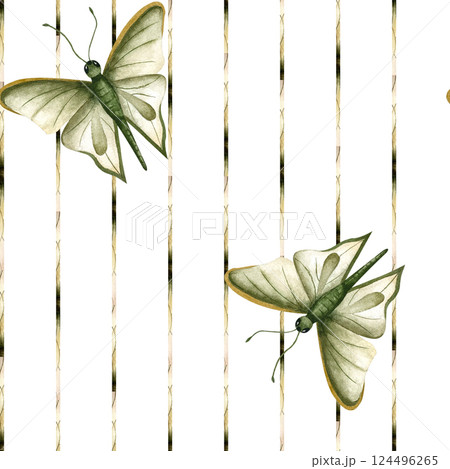 Butterflies, striped background with vertical abstract lines. Summer insects seamless pattern. Watercolor illustration isolated on white background. For wrapping paper, textile, stationery, scrapbook Butterflies, striped background with vertical abstract lines. Summer insects seamless pattern. Watercolor illustration isolated on white background. For wrapping paper, textile, stationery, scrapbook 124496265