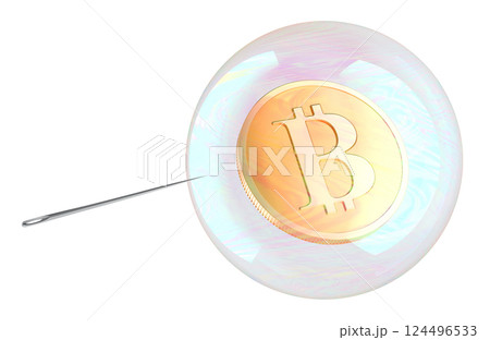 Bitcoin inside soap bubble with needle. Financial bubble, concept. 3D rendering 124496533