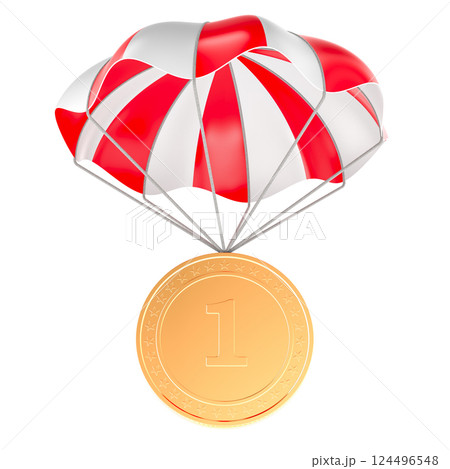 Parachute with golden coin. 3D rendering Parachute with golden coin. 3D rendering 124496548