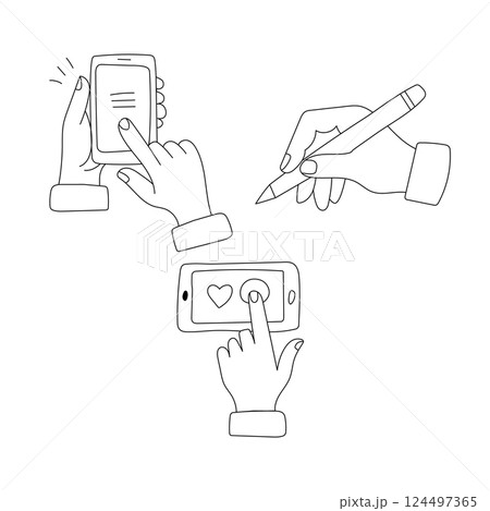 Set of hand drawn doodle set of hands with gadgets Set of hand drawn doodle set of hands with gadgets 124497365