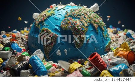 Artistic Representation of Earth Amidst Plastic Waste 124497444