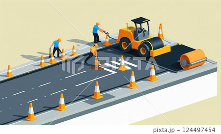 Isometric 3D Road Construction Scene Illustration Isometric 3D Road Construction Scene Illustration 124497454