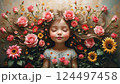 Whimsical Mural of a Cute Little Girl Surrounded by Flowers 124497458