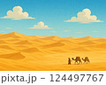 晴天の砂漠の中を歩くラクダと行商人 124497767