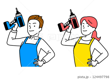 インパクトドライバーを構えるエプロン姿の男女　セット 124497798