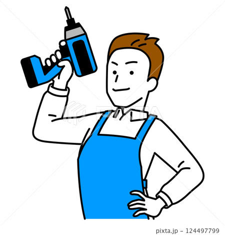 インパクトドライバーを構えるエプロン姿の男性 インパクトドライバーを構えるエプロン姿の男性 124497799