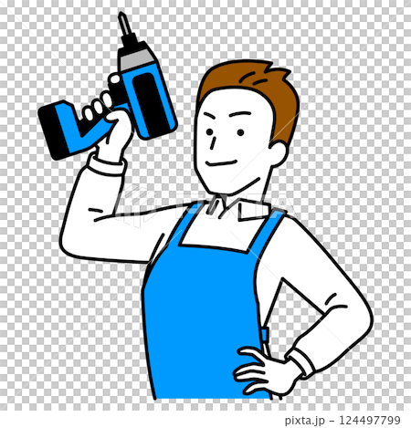 インパクトドライバーを構えるエプロン姿の男性 インパクトドライバーを構えるエプロン姿の男性 124497799