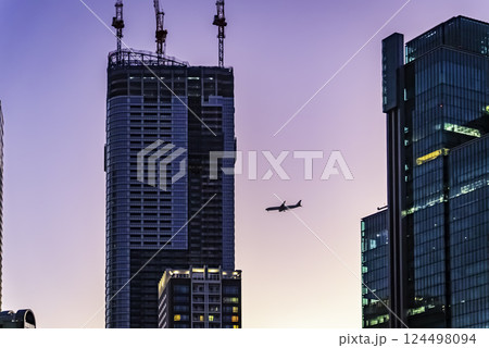 夕暮れの空に浮かぶ飛行機 124498094