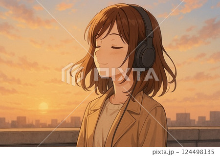 音楽を聴く女性 124498135