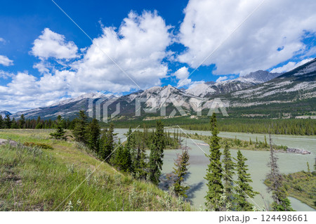 Athabasca River Flowing Through Jasper National Park, Alberta, Canada. Breathtaking Scenic View in the Canadian Rockies 124498661