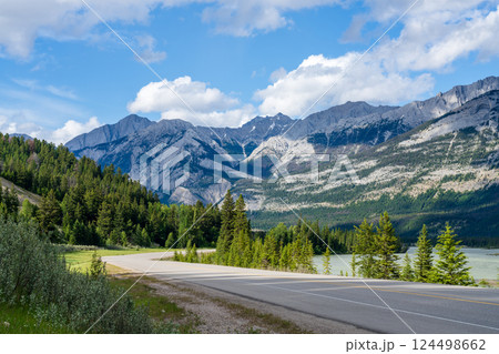 Yellowhead Highway and Athabasca River in Jasper National Park, Alberta, Canada. Breathtaking Scenic View in the Canadian Rockies 124498662