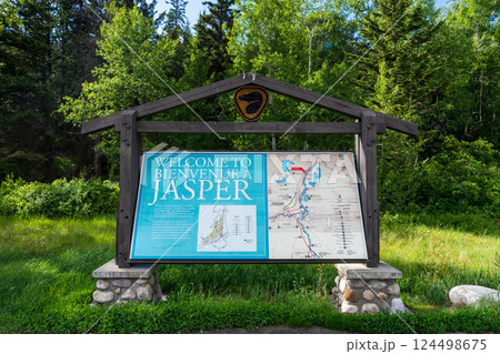 Jasper, Alberta, Canada Welcome to Jasper Town Sign Amidst Scenic Canadian Rockies 124498675