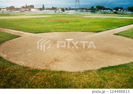 Baseball, sports and training with an empty outdoor field or grass pitch in the day ready for a game. Fitness, health and exercise with an outside venue for playing competitive sport for recreation Baseball, sports and training with an empty outdoor field or grass pitch in the day ready for a game. Fitness, health and exercise with an outside venue for playing competitive sport for recreation 124498813