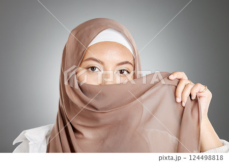 Muslim, hijab and eyes of woman for beauty, makeup and cosmetics on studio mock up marketing or advertising. Islamic, arabic fashion model girl and cloth cover face in skin cosmetic portrait headshot Muslim, hijab and eyes of woman for beauty, makeup and cosmetics on studio mock up marketing or advertising. Islamic, arabic fashion model girl and cloth cover face in skin cosmetic portrait headshot 124498818