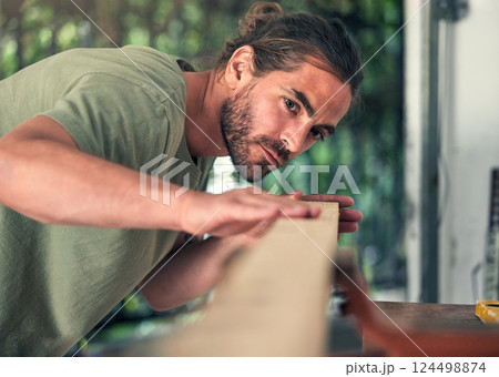 Carpenter, thinking or checking wood in workshop, small business garage or creative manufacturing factory. Lumber worker, diy man or carpentry designer with furniture, table or desk production ideas Carpenter, thinking or checking wood in workshop, small business garage or creative manufacturing factory. Lumber worker, diy man or carpentry designer with furniture, table or desk production ideas 124498874