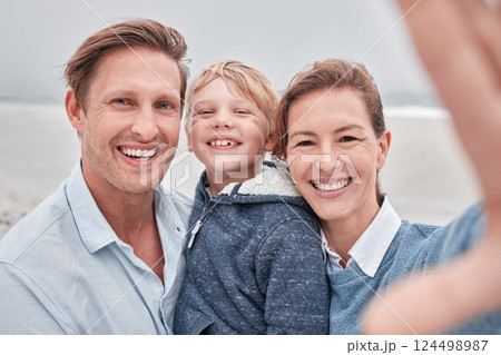 Parents, kids and beach selfie vacation, family holiday and summer sea travel together in Canada. Ocean, relax and portrait photos with smile face, love and happy mom, dad and young boy child outdoor 124498987
