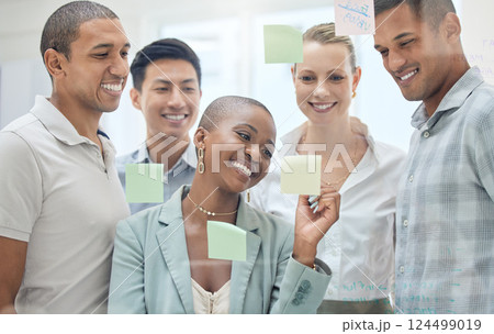 Sticky note, planning meeting and diversity teamwork on brainstorming, advertising success idea or marketing strategy. Glass board, collaboration and business people partnership working on sales goal 124499019