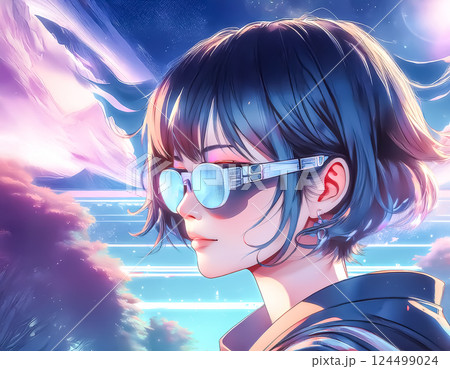 スマートグラスに照射されるデータを見つめる女性のイメージ素材 スマートグラスに照射されるデータを見つめる女性のイメージ素材 124499024