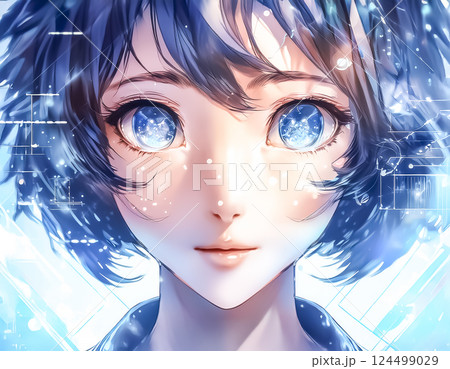 ホログラフィックディスプレイと瞳のアップのイラスト素材 124499029