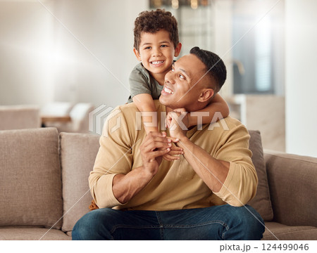 Father, child and sofa with smile, back and together for portrait, happy and home in living room. Family, dad and boy on couch for bonding, playing and happiness in lounge for time, love and relax Father, child and sofa with smile, back and together for portrait, happy and home in living room. Family, dad and boy on couch for bonding, playing and happiness in lounge for time, love and relax 124499046