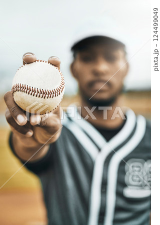 Sports, baseball and hands of man with ball for game match, performance competition or fitness practice. Softball motivation, focus and portrait of athlete ready for exercise, training or workout Sports, baseball and hands of man with ball for game match, performance competition or fitness practice. Softball motivation, focus and portrait of athlete ready for exercise, training or workout 124499049