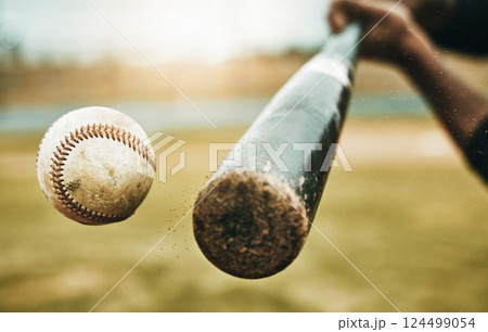 Baseball hit, sports and athlete on a outdoor field hitting a ball in a game with a baseball bat. Sport, baseball player and man busy with exercise, fitness and workout training on green grass 124499054
