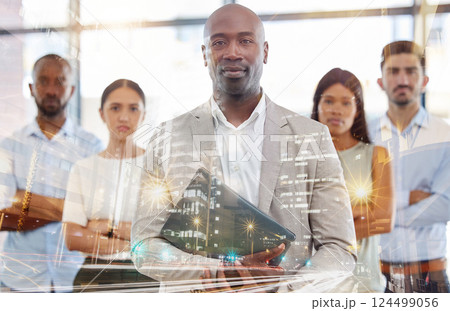 Business people, team leadership and management with arms crossed for success in city double exposure. Group portrait of confident future real estate, teamwork or development at the office in overlay 124499056