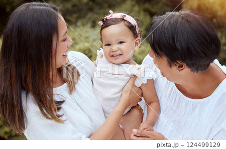 Family, women and park portrait with baby, mother and grandmother bonding, laughing and playing in nature. Love, happy and smile by girl enjoying quality time with parent and granny in a garden 124499129