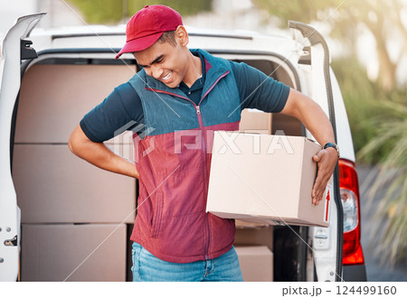Delivery man with box, package in van and safe home shipping of online ecommerce retail product. Courier truck transport, internet goods orders and mail parcel to customer location in cardboard boxes Delivery man with box, package in van and safe home shipping of online ecommerce retail product. Courier truck transport, internet goods orders and mail parcel to customer location in cardboard boxes 124499160