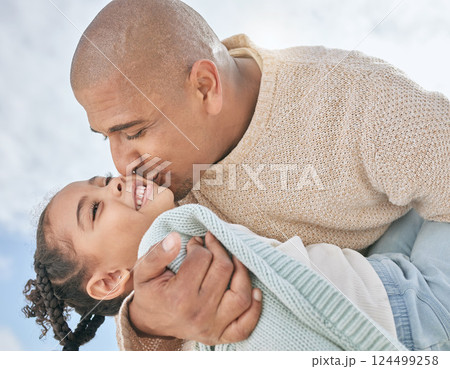 Love, sky and father kiss kid while having fun, play and enjoy outdoor quality time together for peace, freedom and bond. Black family happiness, clouds and child care for happy youth girl with dad Love, sky and father kiss kid while having fun, play and enjoy outdoor quality time together for peace, freedom and bond. Black family happiness, clouds and child care for happy youth girl with dad 124499258