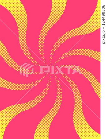 曲線のサンバースト、ハーフトーンのドット柄、ポップなデザイン、縦向き 124499306