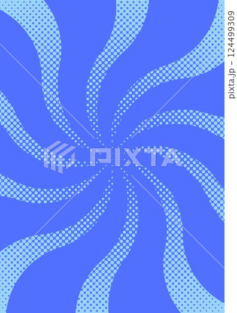 曲線のサンバースト、ハーフトーンのドット柄、ポップなデザイン、縦向き 124499309