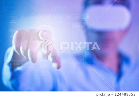 VR, metaverse and hand of a man with a futuristic experience, digital system and streaming with glasses in a neon room. Creative person, gamer or ai user with innovation from virtual reality and tech 124499358