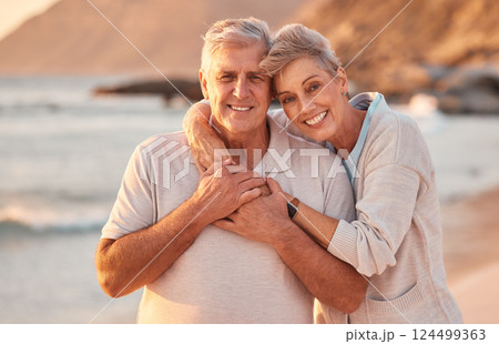 Couple, senior and beach with smile, hug and love on holiday, vacation or relax with romance. Elderly, woman and man by sea, ocean or waves for portrait, together or care in retirement with happiness Couple, senior and beach with smile, hug and love on holiday, vacation or relax with romance. Elderly, woman and man by sea, ocean or waves for portrait, together or care in retirement with happiness 124499363