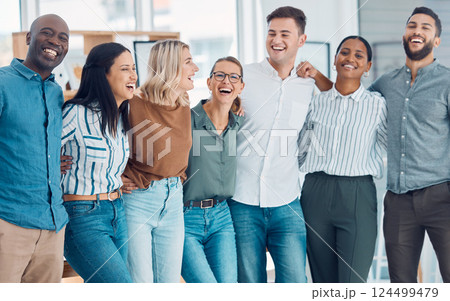 Business people smile with company success, growth and financial profit at a marketing and advertising office. Teamwork, support and collaboration with diversity, vision and team goal in a happy job Business people smile with company success, growth and financial profit at a marketing and advertising office. Teamwork, support and collaboration with diversity, vision and team goal in a happy job 124499479