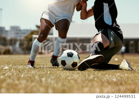 Soccer, sports and athletes playing with a ball on an outdoor field for a match or training. Fitness, men and closeup of football players legs running with skill on a pitch for a game or exercise. Soccer, sports and athletes playing with a ball on an outdoor field for a match or training. Fitness, men and closeup of football players legs running with skill on a pitch for a game or exercise. 124499531