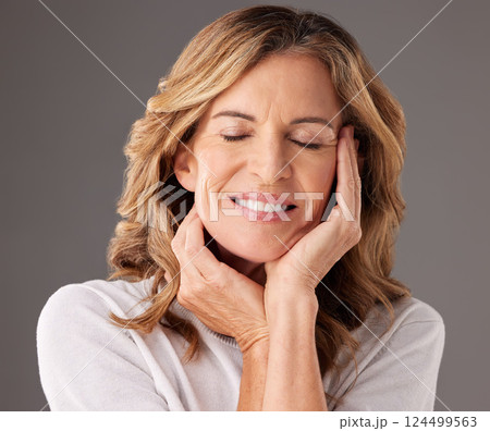 Cosmetic, beauty and happy senior woman in studio with wellness, health and natural face routine. Happiness, smile and elderly lady with wrinkles with healthy, organic and anti aging facial treatment 124499563