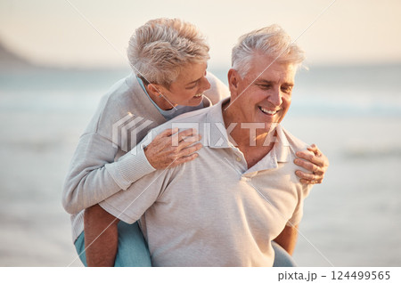 Senior couple, piggy back and beach retirement, summer vacation or sunshine holiday together in outdoor Australia nature. Happy man, smile woman and elderly people in love, romance and relax at ocean 124499565