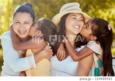 Women, family and face kids kiss in a nature park with mother and daughter spending quality time together. Portrait of mothers day love and care with a hug from a girl in summer and mama gratitude Women, family and face kids kiss in a nature park with mother and daughter spending quality time together. Portrait of mothers day love and care with a hug from a girl in summer and mama gratitude 124499591