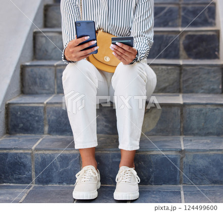 Credit card, online shopping and city woman, phone payment, fintech and ecommerce on outdoor urban steps. Customer hands easy smartphone money transfer, banking mobile app and internet cash finance Credit card, online shopping and city woman, phone payment, fintech and ecommerce on outdoor urban steps. Customer hands easy smartphone money transfer, banking mobile app and internet cash finance 124499600