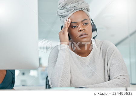 Black woman, call center and stress, headache and tired in customer support, customer service or help. Crm, contact us or burnout in telemarketing, consulting or mental health at office with computer 124499632