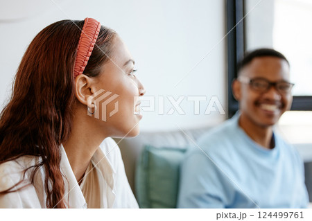 Education, learning and students or friends with discussion, conversation or talking of project collaboration, planning study group or learning support. Happy people in student lounge room for school 124499761
