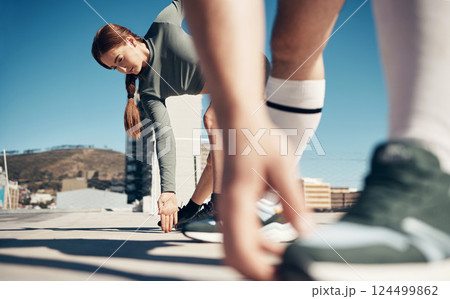 Zoom of hands, woman stretching legs or runner shoes with friends for running exercise, fitness or marathon workout. Health, training or wellness athlete girl for sport, warm up or rooftop cardio. Zoom of hands, woman stretching legs or runner shoes with friends for running exercise, fitness or marathon workout. Health, training or wellness athlete girl for sport, warm up or rooftop cardio. 124499862