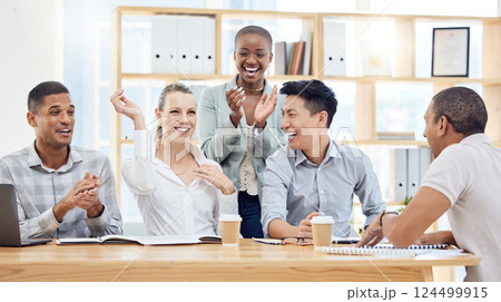 Team, brainstorming and business goal, meeting and winning at office. Teamwork cheer, group project and strategy for collaboration, solidarity and support in workplace, celebrate and workshop vision 124499915