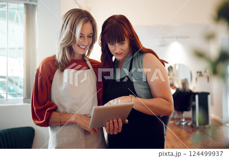 Business, women and tablet use internet, social media and reading or browse online in shop together at work. Female entrepreneur, girls and with digital device for scroll, planning or startup company 124499937