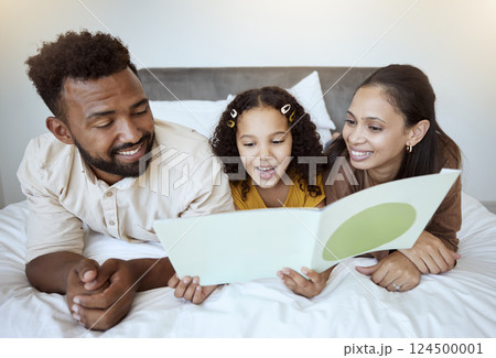 Relax, books and happy with family in bedroom for learning, creative and storytelling. Education, smile and fantasy with parents and girl reading story for fantasy, study and quality time together Relax, books and happy with family in bedroom for learning, creative and storytelling. Education, smile and fantasy with parents and girl reading story for fantasy, study and quality time together 124500001
